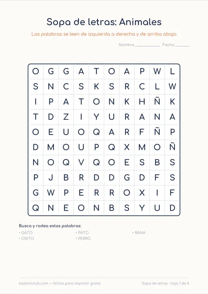 Sopa de letras para empezar. Ficha para imprimir, 5–7 años