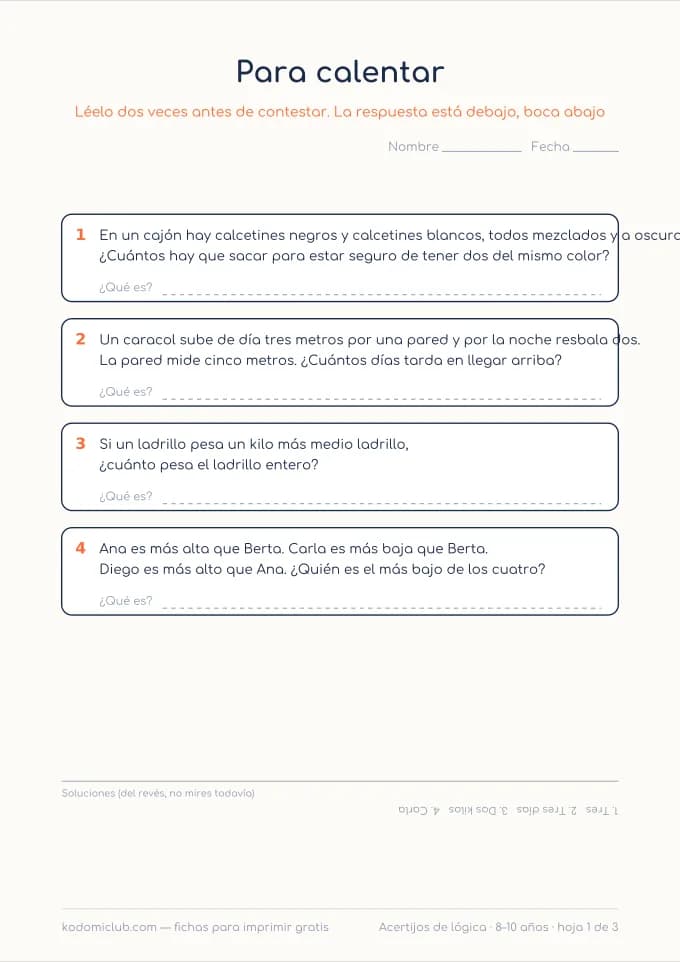 Acertijos de lógica. Ficha para imprimir, 8–10 años