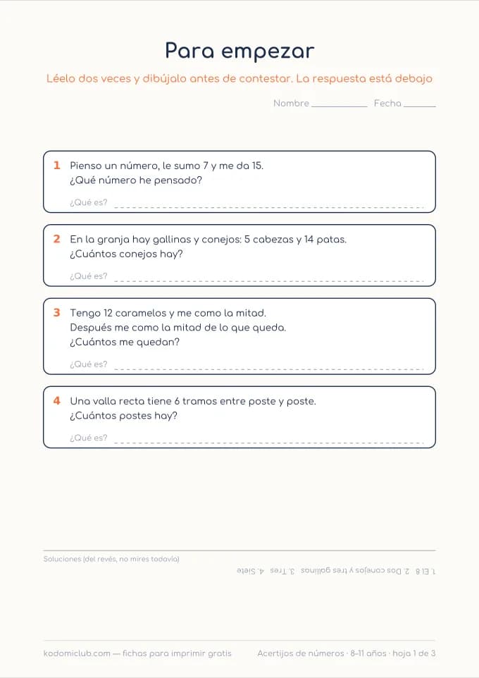 Acertijos de números. Ficha para imprimir, 8–11 años