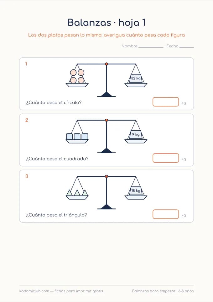 Balanzas para empezar. Ficha para imprimir, 6–8 años