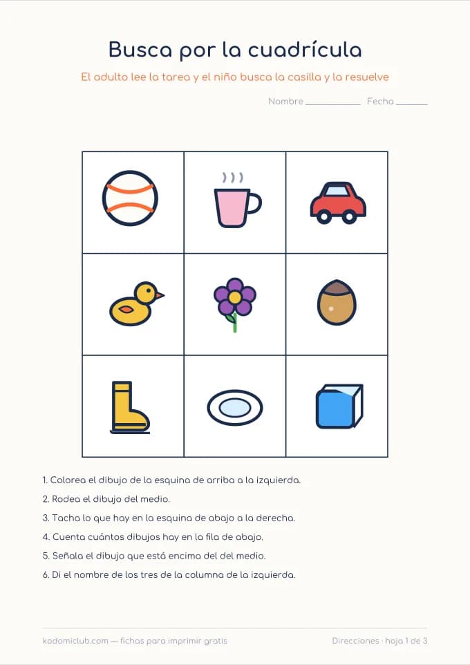 Busca por la cuadrícula. Ficha para imprimir, 4–7 años