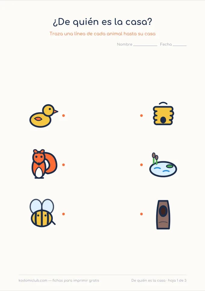 Cada animal en su casa. Ficha para imprimir, 3–6 años