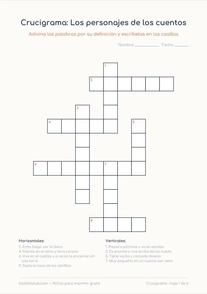 Crucigrama de los cuentos. Ficha para imprimir, 7–10 años
