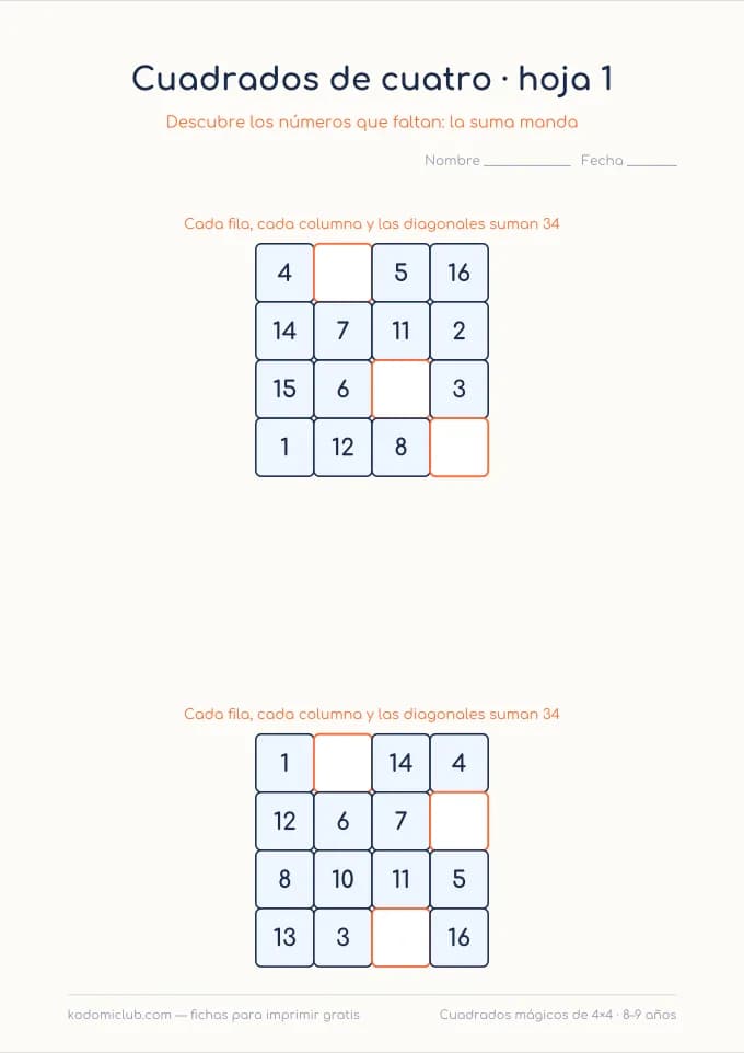 Cuadrados mágicos de cuatro. Ficha para imprimir, 8–9 años
