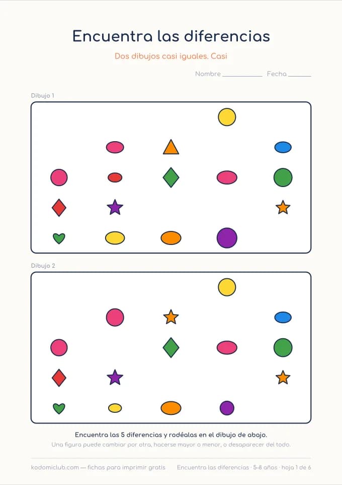 Encuentra las diferencias. Ficha para imprimir, 5–8 años