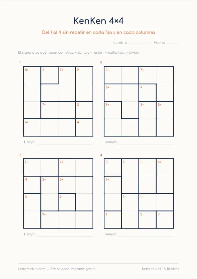 KenKen de cuatro. Ficha para imprimir, 8–10 años
