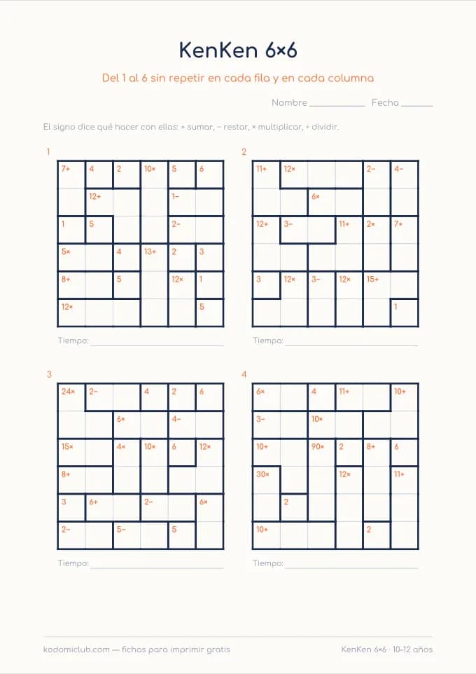 KenKen de seis. Ficha para imprimir, 10–12 años