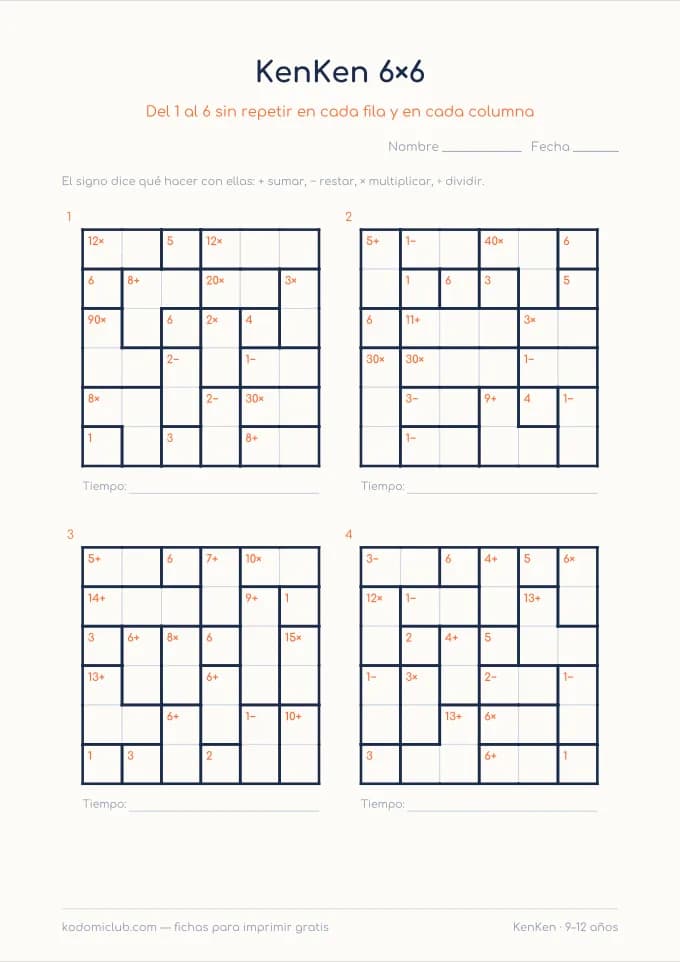KenKen para mayores. Ficha para imprimir, 9–12 años