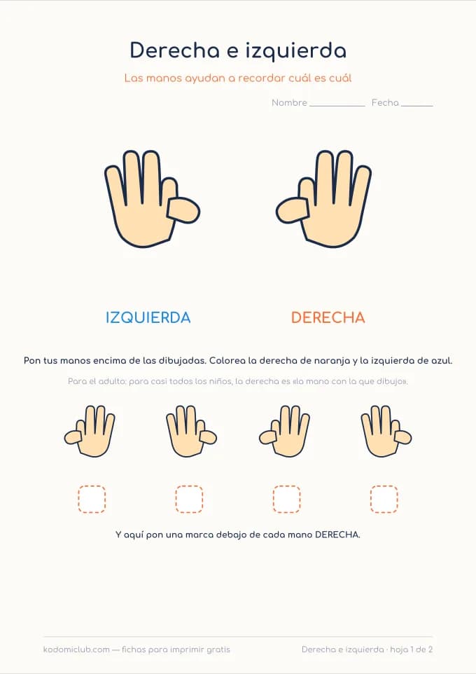 La derecha y la izquierda. Ficha para imprimir, 4–7 años