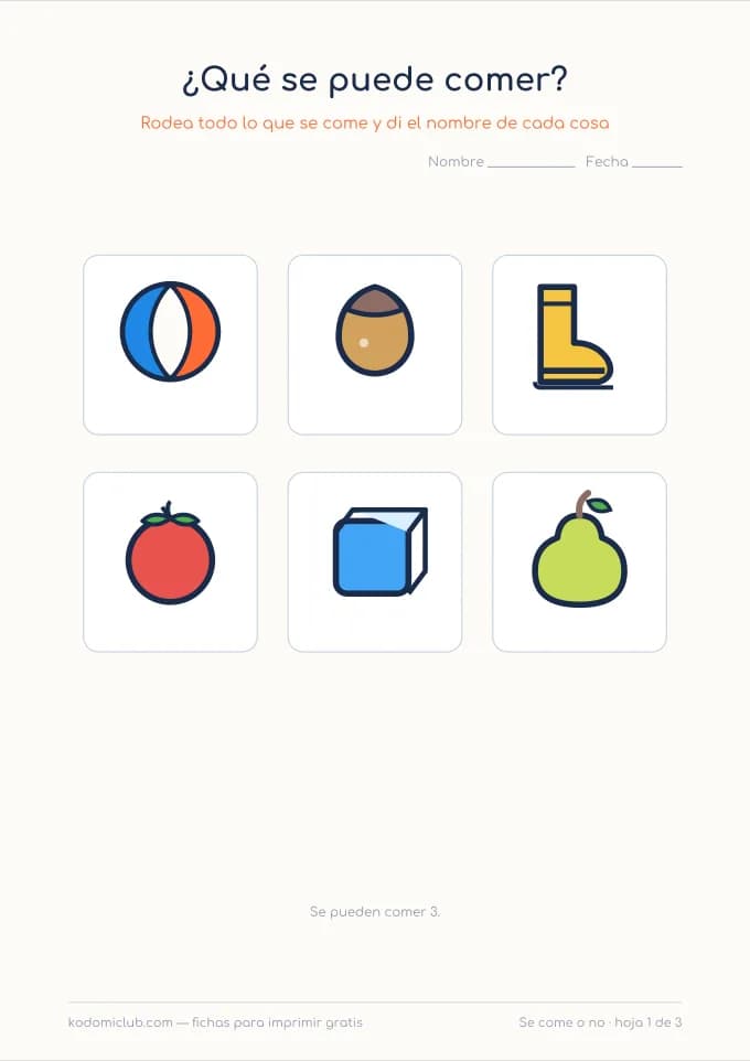 Lo que se puede comer. Ficha para imprimir, 3–5 años