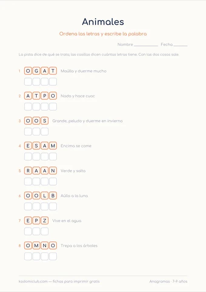 Los anagramas. Ficha para imprimir, 7–9 años