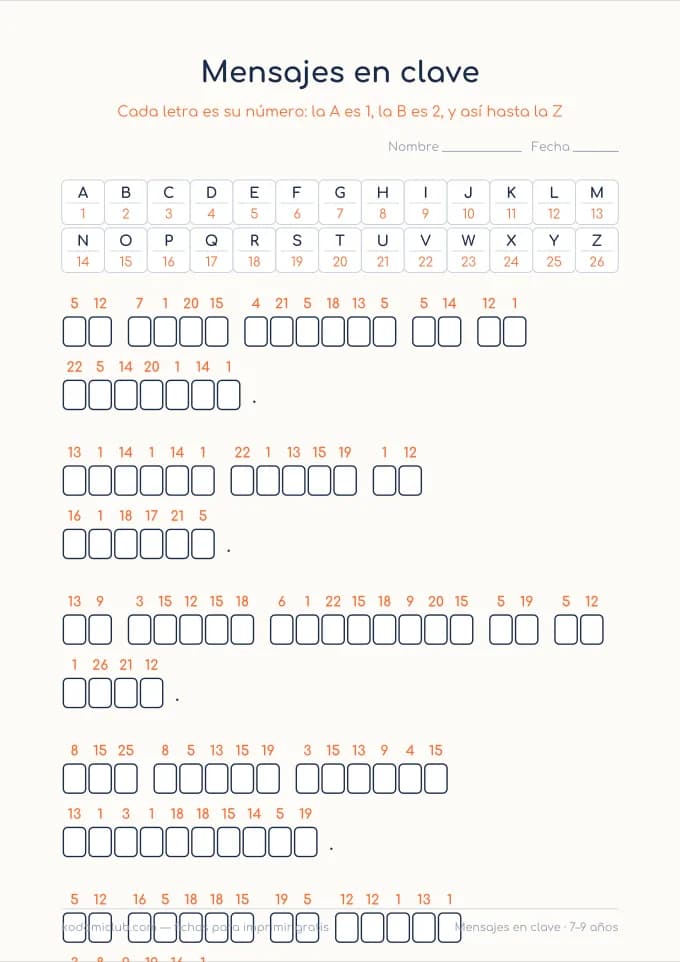 Mensajes en clave. Ficha para imprimir, 7–9 años