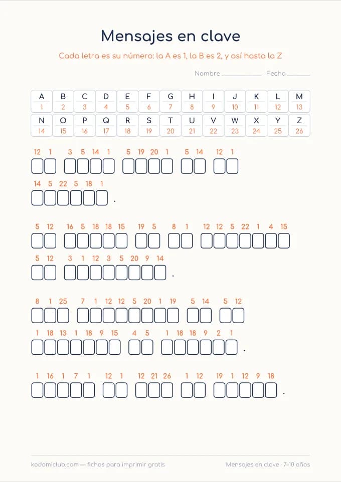 Mensajes en clave de la casa. Ficha para imprimir, 7–10 años