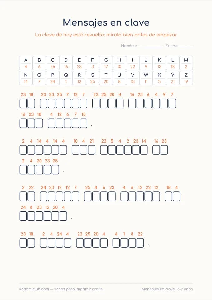 Mensajes en clave difíciles. Ficha para imprimir, 8–9 años