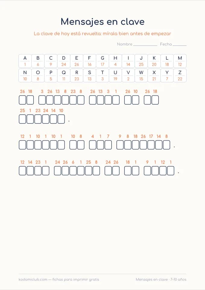 Mensajes en clave nuevos. Ficha para imprimir, 7–10 años
