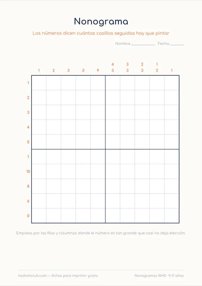 Nonogramas de diez. Ficha para imprimir, 9–11 años