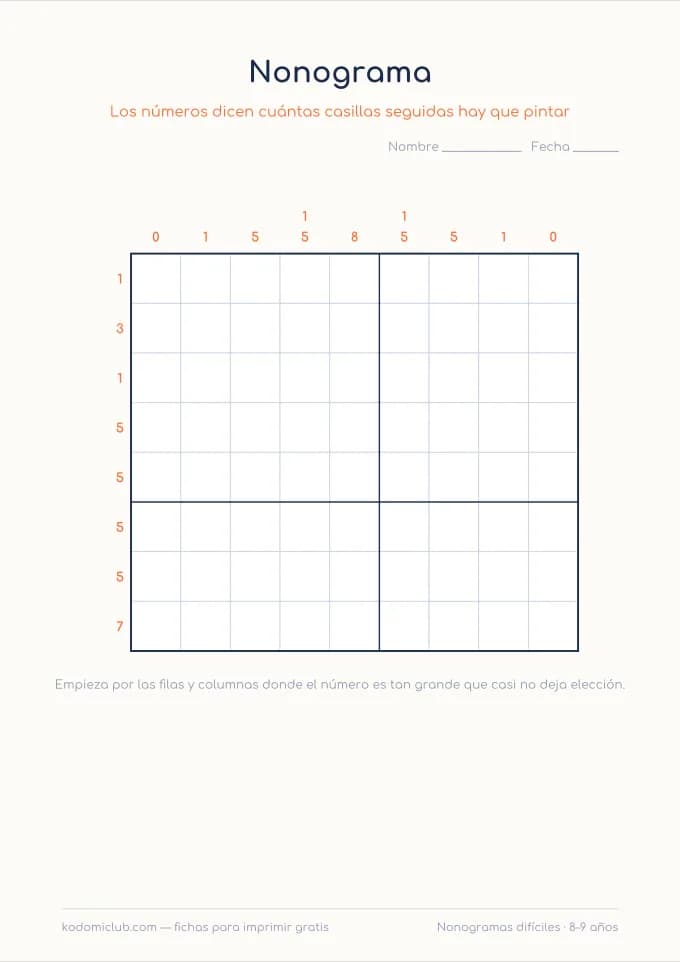 Nonogramas difíciles. Ficha para imprimir, 8–9 años