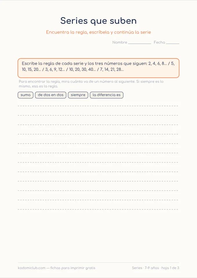 Series de números. Ficha para imprimir, 7–9 años