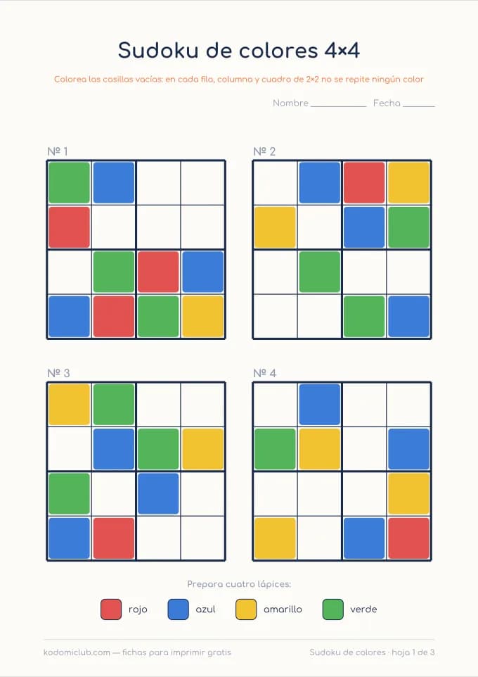 Sudoku de colores. Ficha para imprimir, 4–7 años