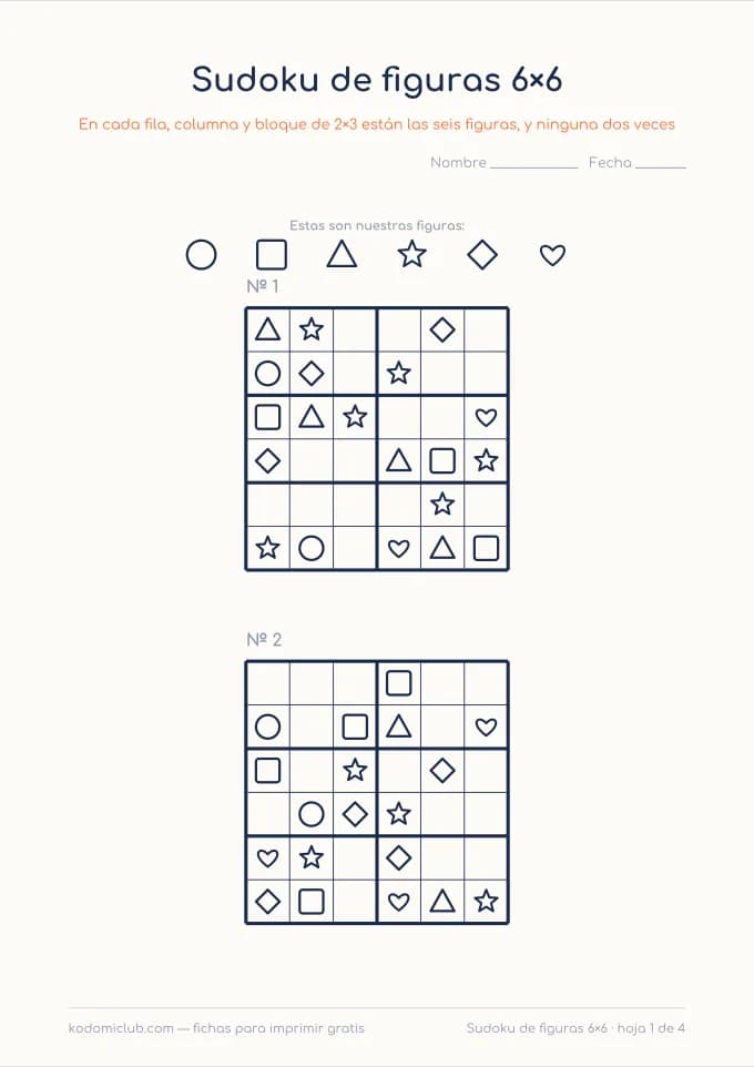 Sudoku de figuras de seis. Ficha para imprimir, 6–9 años