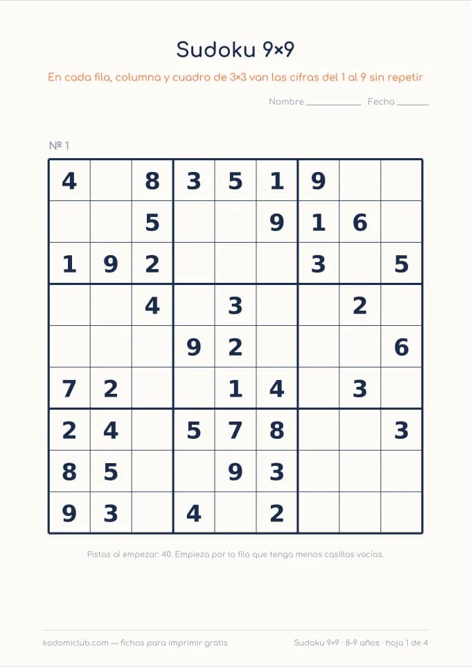 Sudoku de nueve. Ficha para imprimir, 8–9 años