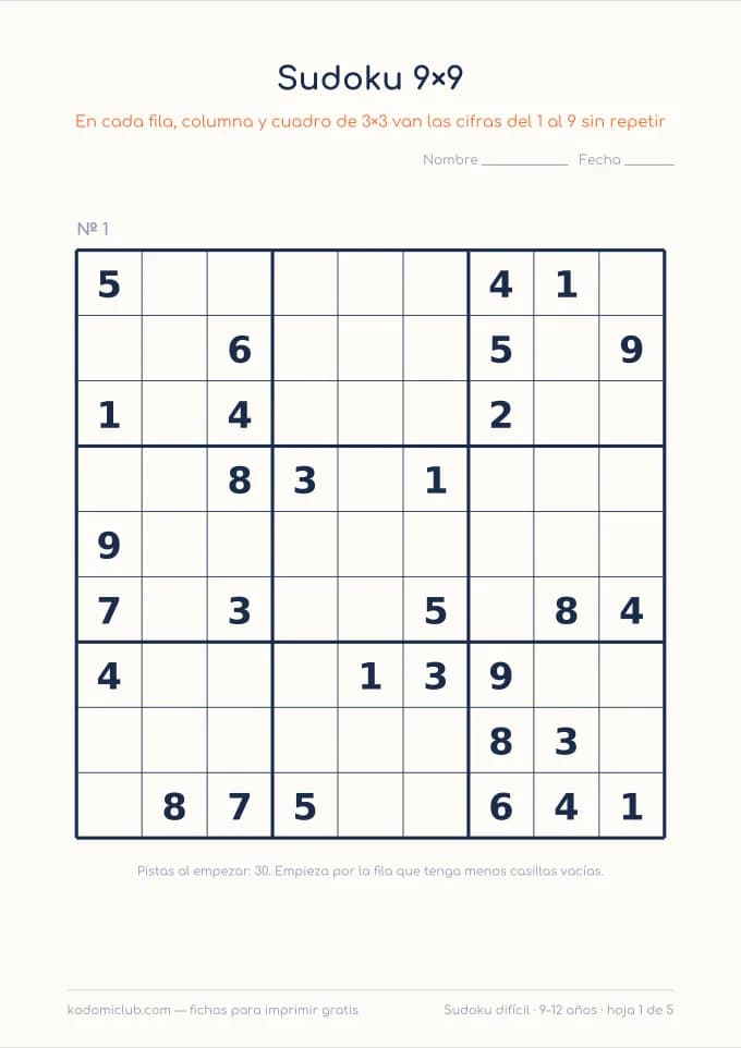Sudoku de nueve difícil. Ficha para imprimir, 9–12 años