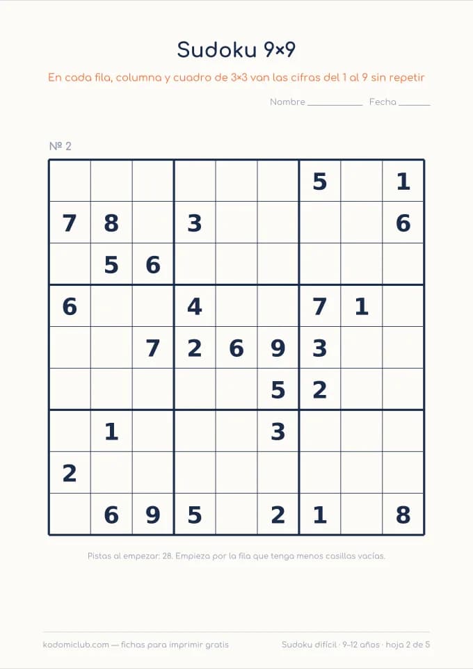 Sudoku de nueve difícil, hoja 2