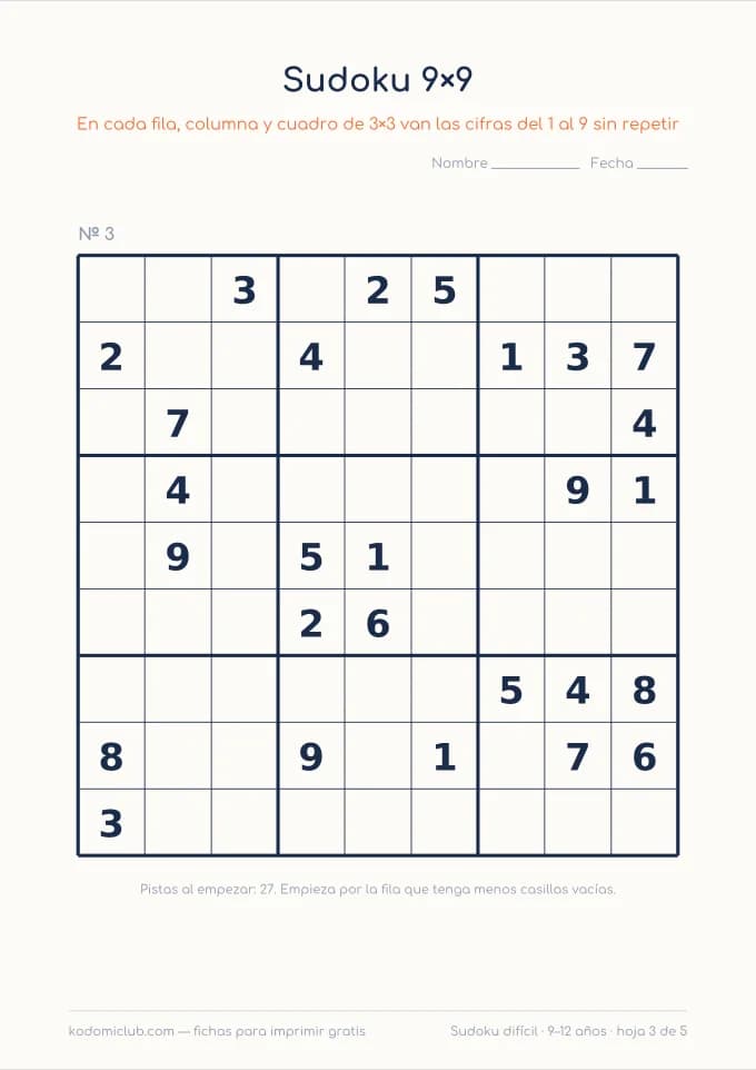 Sudoku de nueve difícil, hoja 3