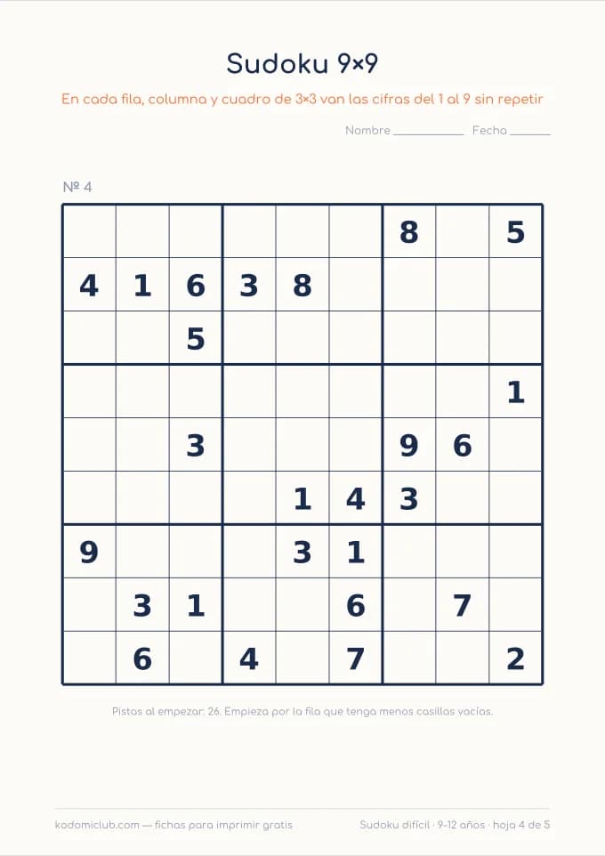 Sudoku de nueve difícil, hoja 4