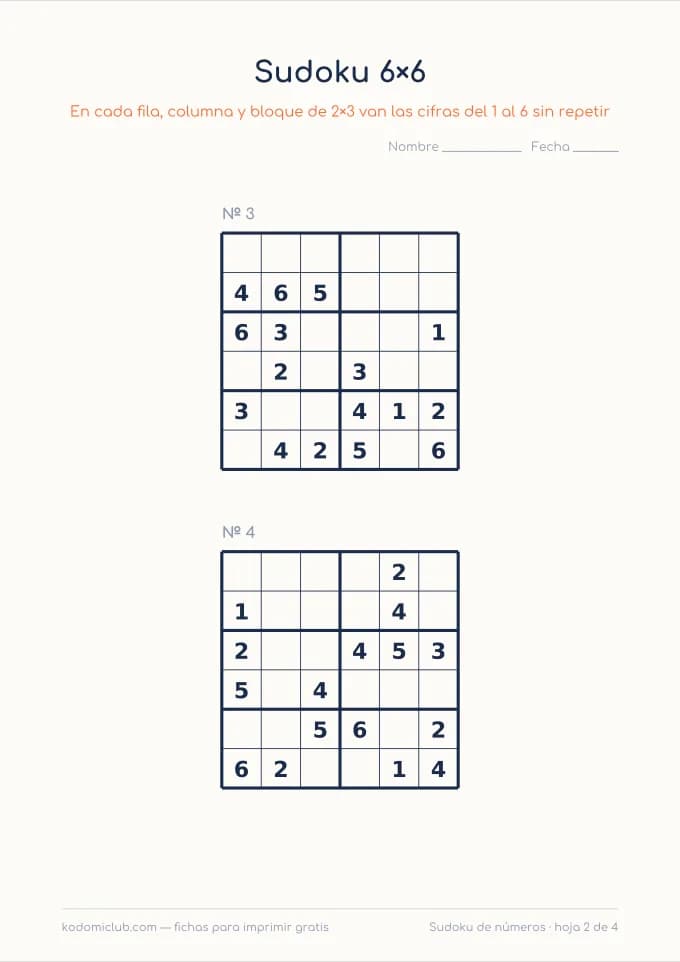 Sudoku de números, hoja 2