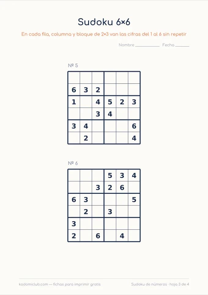 Sudoku de números, hoja 3