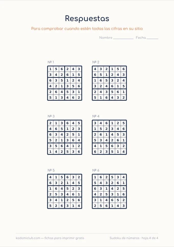 Sudoku de números, hoja 4