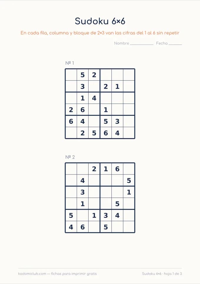 Sudoku de seis. Ficha para imprimir, 7–9 años
