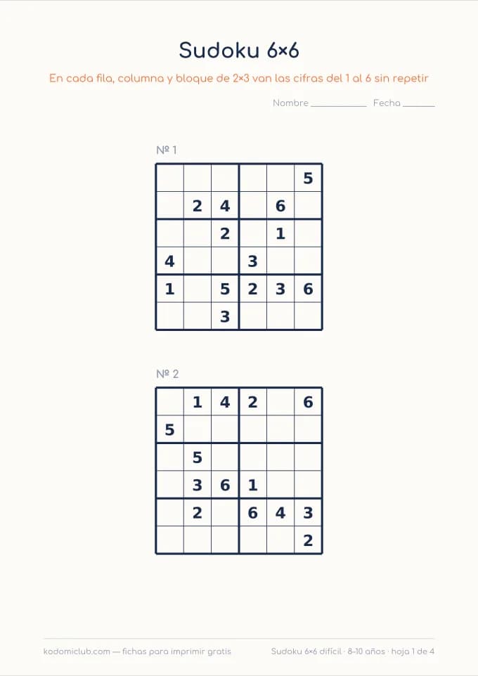 Sudoku de seis difícil, hoja 1