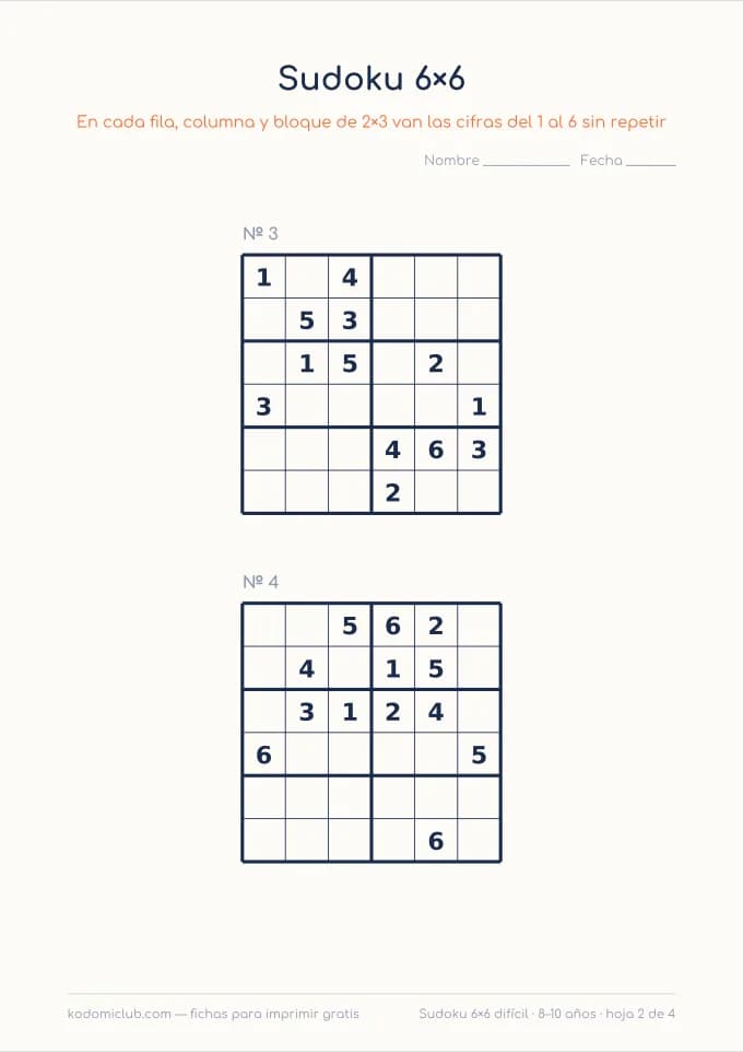 Sudoku de seis difícil, hoja 2