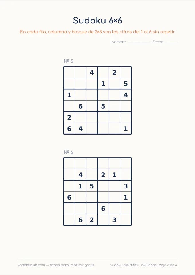 Sudoku de seis difícil, hoja 3