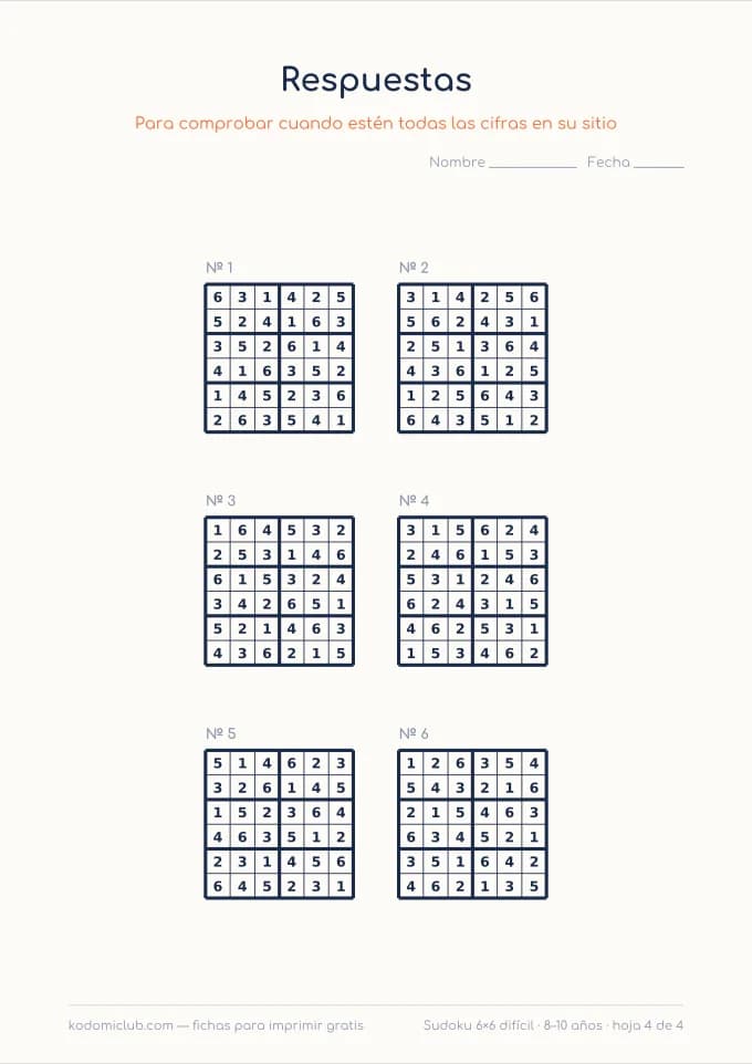 Sudoku de seis difícil, hoja 4