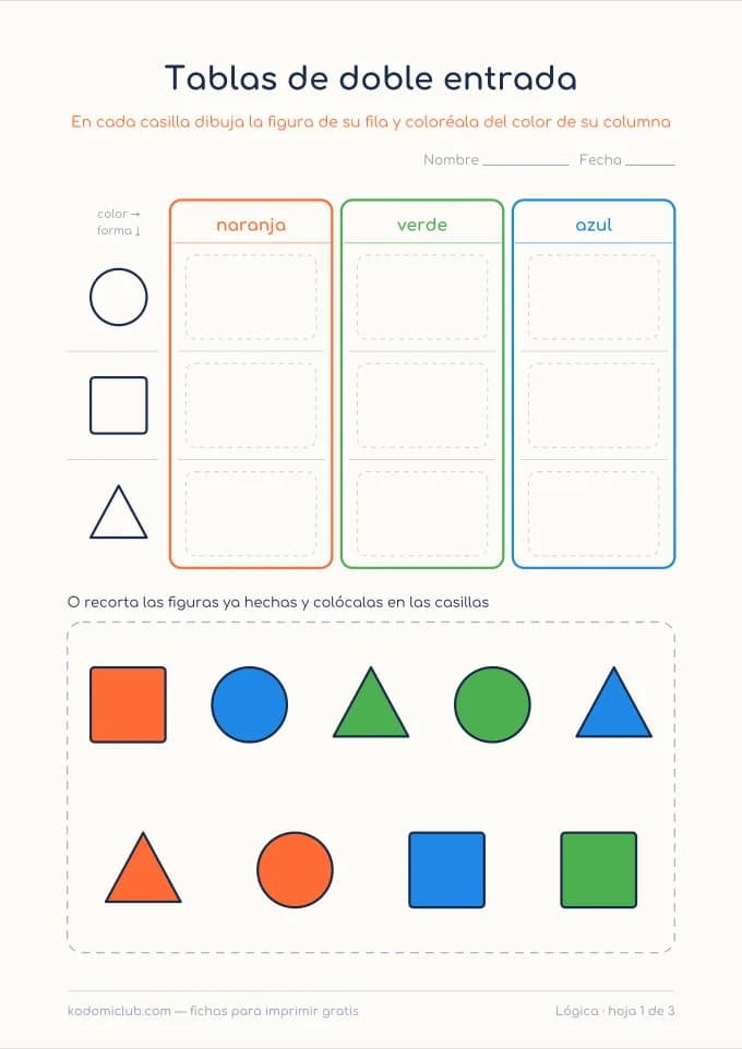 Tablas de doble entrada. Ficha para imprimir, 5–8 años