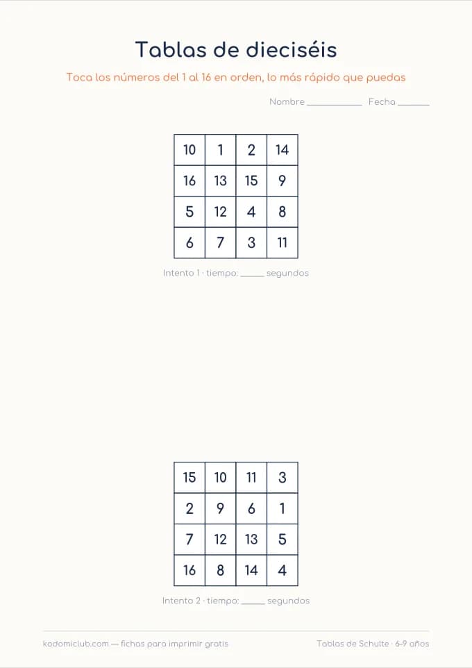 Tablas de Schulte. Ficha para imprimir, 6–9 años