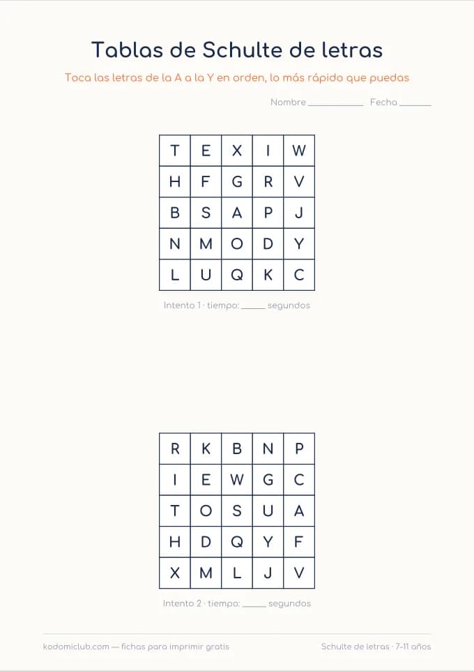 Tablas de Schulte de letras. Ficha para imprimir, 7–11 años
