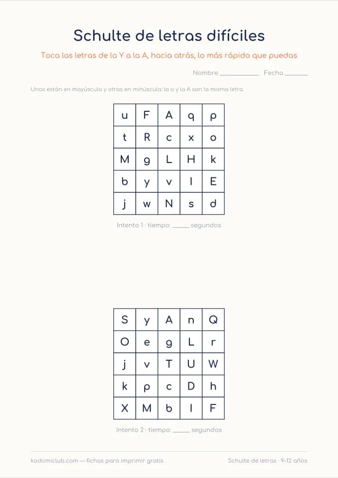 Tablas de Schulte de letras difíciles. Ficha para imprimir, 9–12 años