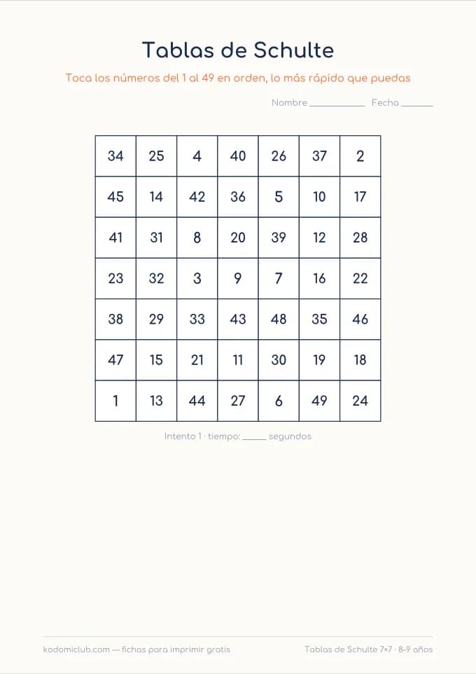 Tablas de Schulte de siete. Ficha para imprimir, 8–9 años