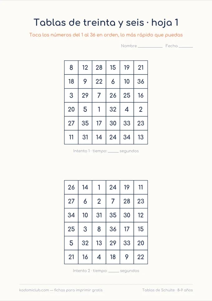 Tablas de Schulte difíciles. Ficha para imprimir, 8–9 años