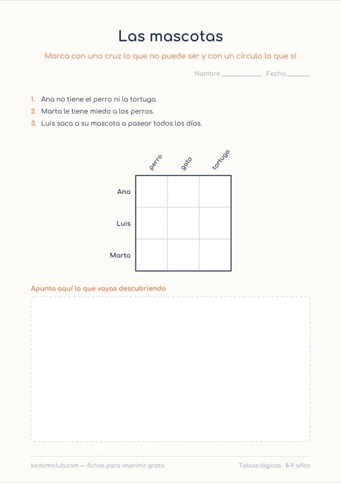 Tablas lógicas. Ficha para imprimir, 8–9 años
