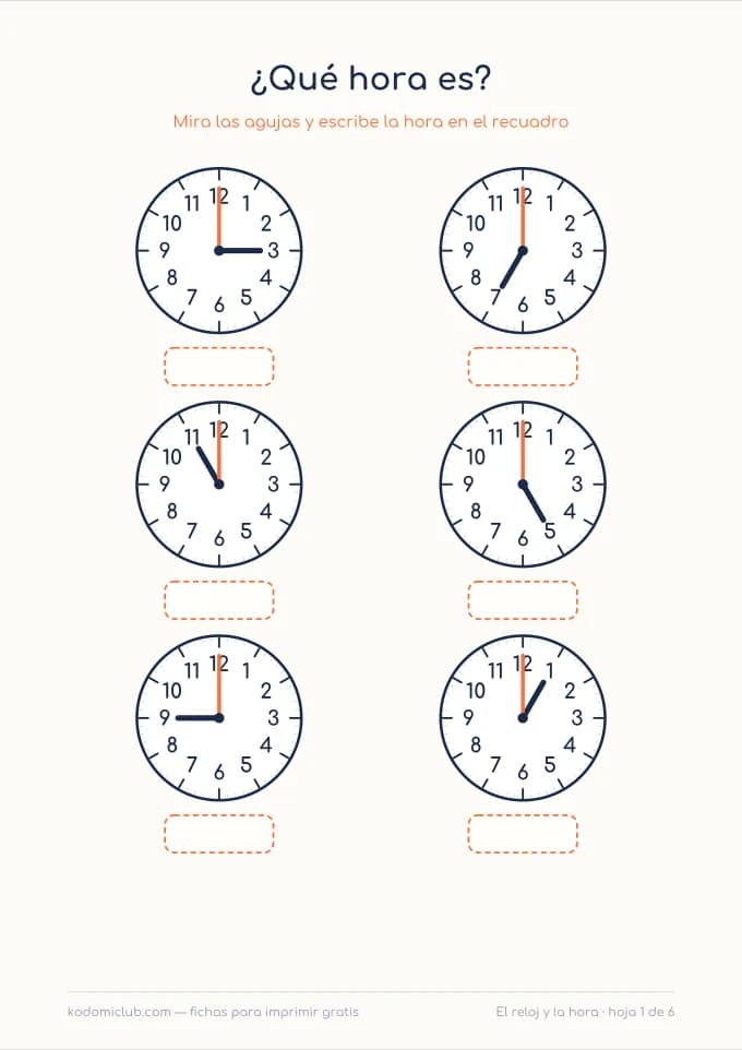 Aprender las horas. Ficha para imprimir, 6–8 años
