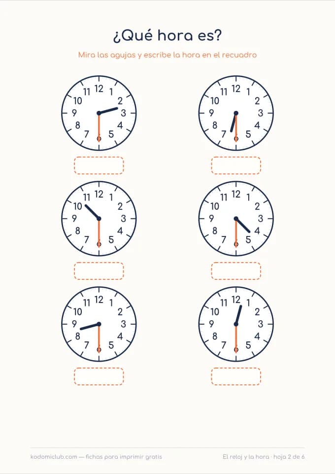Aprender las horas, hoja 2