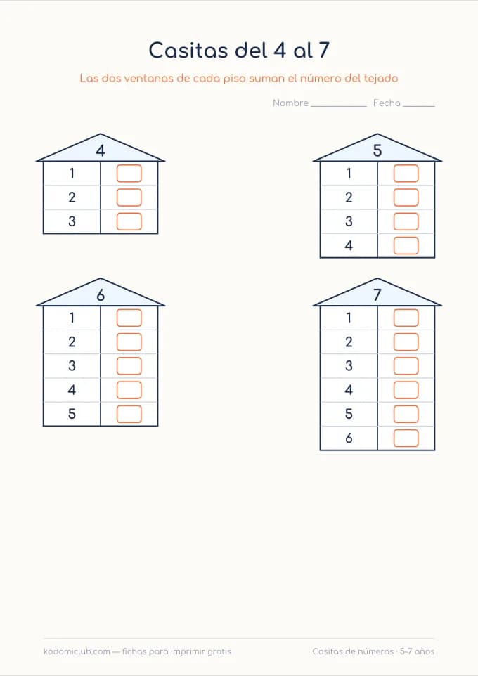 Casitas de números. Ficha para imprimir, 5–7 años