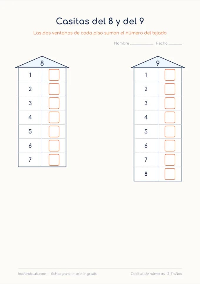 Casitas de números, hoja 2