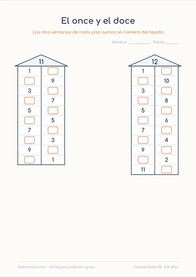 Casitas hasta 20. Ficha para imprimir, 6–8 años