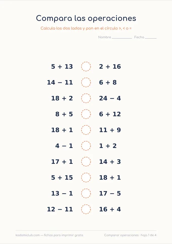 Comparar operaciones. Ficha para imprimir, 7–9 años